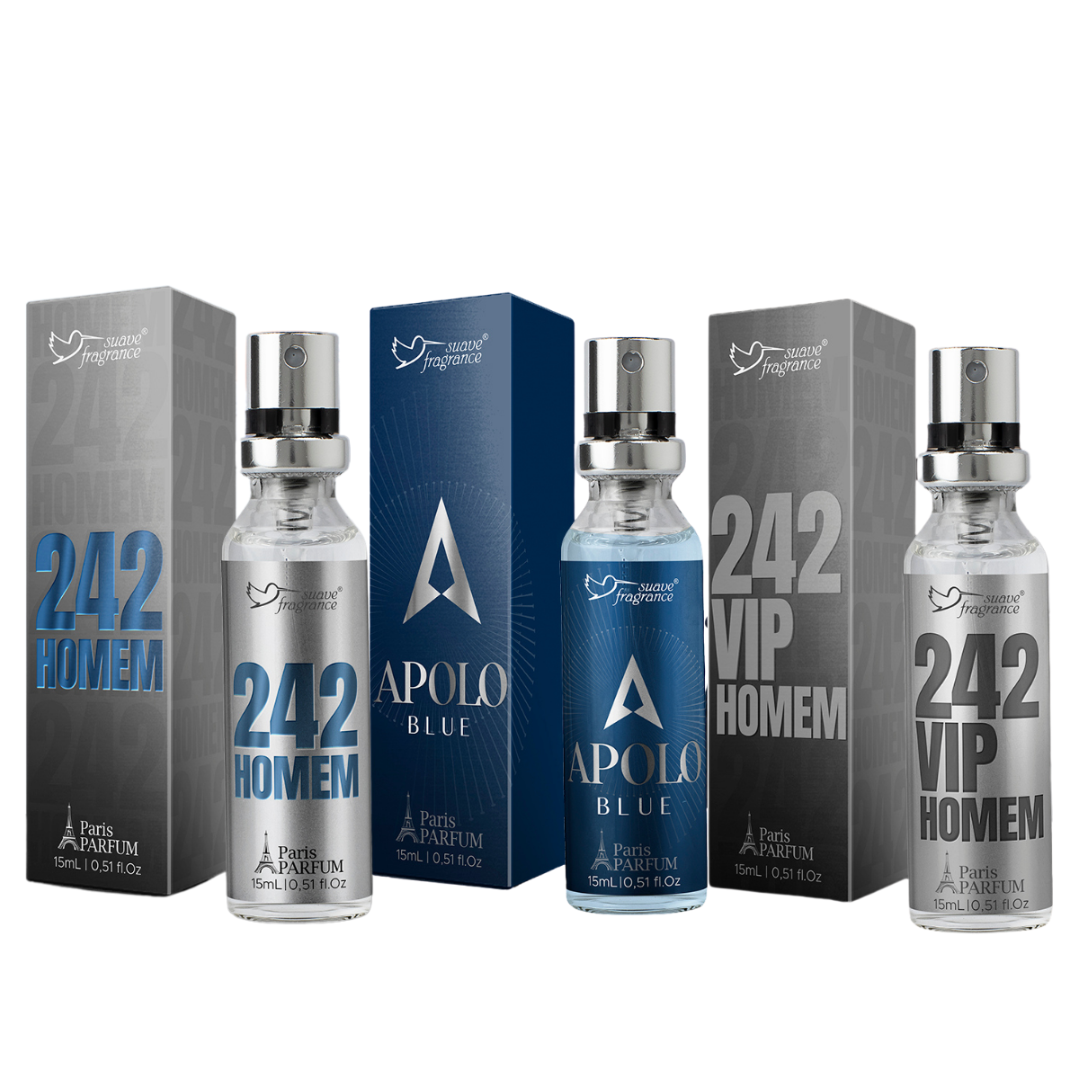 Kit 3 minis perfumes Masculinos Suave Fragrance Apolo Blue +242 homem + 242 vip homem