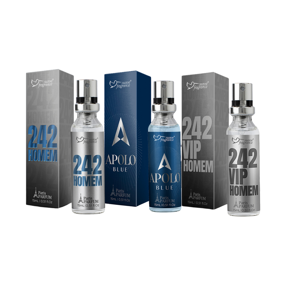Kit 3 minis perfumes Masculinos Suave Fragrance Apolo Blue +242 homem + 242 vip homem