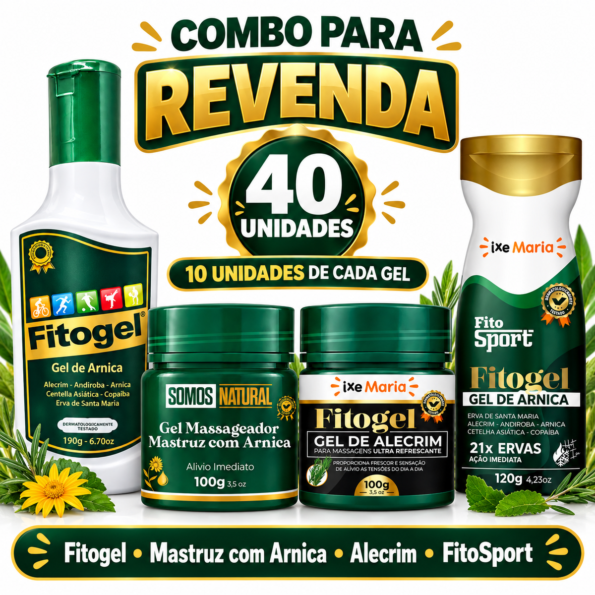 Combo 40 géis para revenda: 10 Fitogel, 10 Mastruz com Arnica, 10 Alecrim e 10 FitoSport