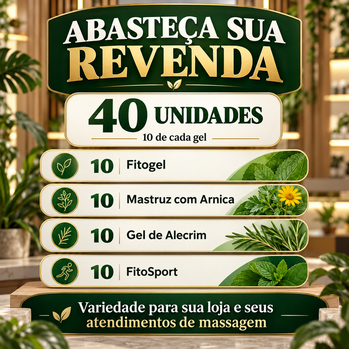 Conteúdo do combo para revenda: 40 unidades, 10 de cada gel