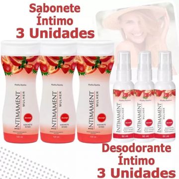 Kit 3 Intimament Sabonete Íntimo Morango  + 3 Desodorante Íntimo Morango Higiene Feminina