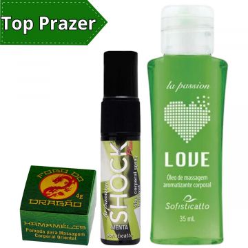 Kit Intenso Prazer: Óleo Shock Plus Menta + Love Hot Menta + Fogo do Dragão Hamamélis