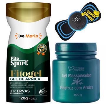 FitoSport Gel de Arnica Fitogel 21 Ervas + Gel Massageador Mastruz Com Arnica + Mini Massageador Portátil