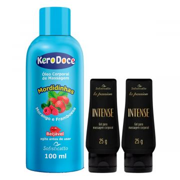 Kit Top Prazer: Óleo Corporal para Massagem Íntima Kero Doce Mordidinhas + 2 Gel Lubrificante Íntimo Intense