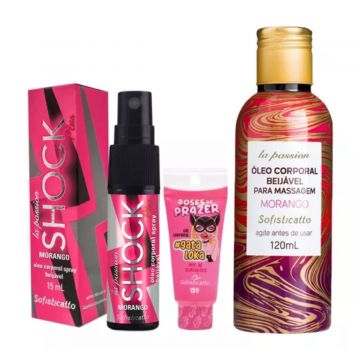 Kit Super Sexy: Óleo Morango pra Massagem + Shock Plus Morango + Doses de Prazer Gata Loka